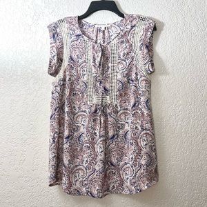 Daniel Rainn Floral Blue Mauve Tan White Boho Casual Short Sleeves Blouse Tops
